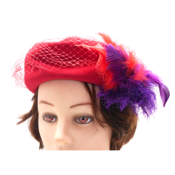VTG Women’s Henry Pollack Glenover Wool Red Hat Purple Feathers & Mesh 21.5" - Picture 1 of 15